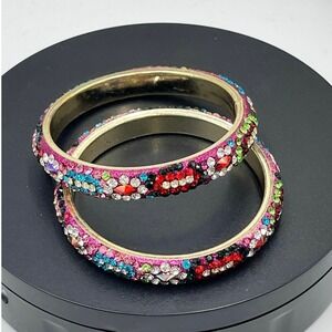 Deepa Gurnani Thin Pink Colorful Multicolored Rhinestone Bangle Bracelet Set